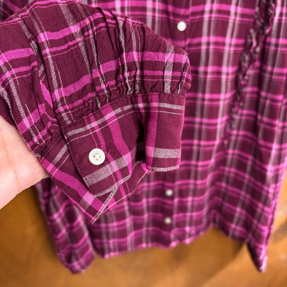 J. Crew Red Burgundy Plaid Ruffle Button Down Blouse Top 2X Office Preppy Boho